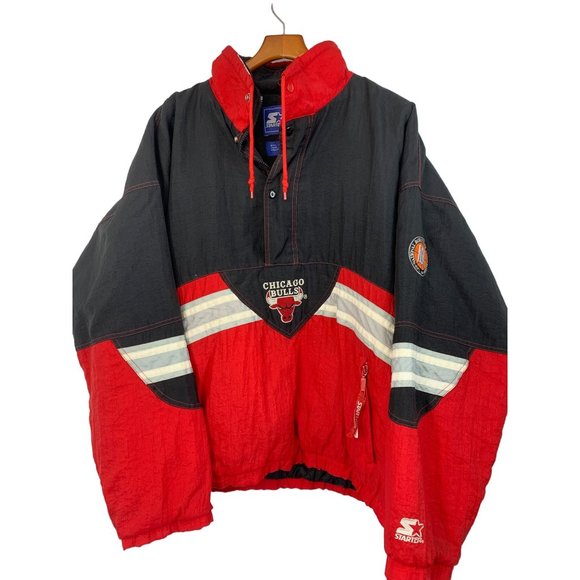 90s Vintage Chicago Bulls NBA Starter Pullover 1/4 Zip Jacket Red XLarge 6700 - Picture 1 of 16